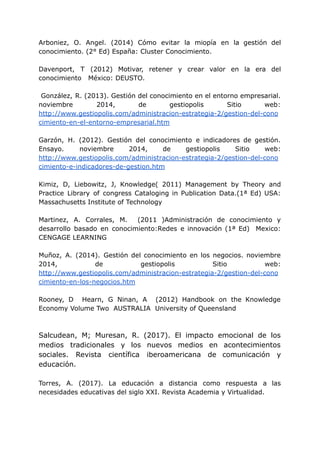 Arboniez, O. Angel. (2014) Cómo evitar la miopía en la gestión del
conocimiento. (2° Ed) España: Cluster Conocimiento.
Davenport, T (2012) Motivar, retener y crear valor en la era del
conocimiento México: DEUSTO.
González, R. (2013). Gestión del conocimiento en el entorno empresarial.
noviembre 2014, de gestiopolis Sitio web:
http://www.gestiopolis.com/administracion-estrategia-2/gestion-del-cono
cimiento-en-el-entorno-empresarial.htm
Garzón, H. (2012). Gestión del conocimiento e indicadores de gestión.
Ensayo. noviembre 2014, de gestiopolis Sitio web:
http://www.gestiopolis.com/administracion-estrategia-2/gestion-del-cono
cimiento-e-indicadores-de-gestion.htm
Kimiz, D, Liebowitz, J, Knowledge( 2011) Management by Theory and
Practice Library of congress Cataloging in Publication Data.(1ª Ed) USA:
Massachusetts Institute of Technology
Martinez, A. Corrales, M. (2011 )Administración de conocimiento y
desarrollo basado en conocimiento:Redes e innovación (1ª Ed) Mexico:
CENGAGE LEARNING
Muñoz, A. (2014). Gestión del conocimiento en los negocios. noviembre
2014, de gestiopolis Sitio web:
http://www.gestiopolis.com/administracion-estrategia-2/gestion-del-cono
cimiento-en-los-negocios.htm
Rooney, D Hearn, G Ninan, A (2012) Handbook on the Knowledge
Economy Volume Two AUSTRALIA University of Queensland
Salcudean, M; Muresan, R. (2017). El impacto emocional de los
medios tradicionales y los nuevos medios en acontecimientos
sociales. Revista científica iberoamericana de comunicación y
educación.
Torres, A. (2017). La educación a distancia como respuesta a las
necesidades educativas del siglo XXI. Revista Academia y Virtualidad.
 