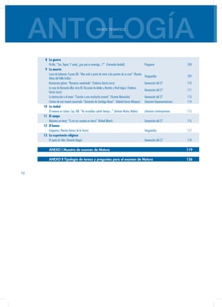 ANTOLOGÍAÍNDICE TEMÁTICO
12
8 La guerra
Pic-Nic: “Sra. Tepan: Y usted, ¿por qué es enemigo...?” (Fernando Arrabal) Posguerra 108
9 La muerte
Luces de bohemia: Escena XII. “Max está a punto de morir a las puertas de su casa” (Ramón
María del Valle Inclán)
Vanguardias 109
Romancero gitano: “Romance sonámbulo” (Federico García Lorca) Generación del 27 110
La casa de Bernarda Alba: Acto III. Discusión de Adela y Martirio y final trágico (Federico
García Lorca)
Generación del 27 111
La destrucción o el amor: “Canción a una muchacha muerta” (Vicente Aleixandre) Generación del 27 113
Crónica de una muerte anunciada: “Asesinato de Santiago Nasar” (Gabriel García Márquez) Literatura hispanoamericana 114
10 La ciudad
El invierno en Lisboa: Cap. XIII. “No recordaba cuánto tiempo...” (Antonio Muñoz Molina) Literatura contemporánea 115
11 El campo
Marinero en tierra: “Si mi voz muriera en tierra” (Rafael Alberti) Generación del 27 116
12 El humor
Greguerías (Ramón Gómez de la Serna) Vanguardias 117
13 La experiencia religiosa
El ciprés de Silos (Gerardo Diego) Generación del 27 118
ANEXO I Muestra de examen de Matura 119
ANEXO II Tipología de tareas y preguntas para el examen de Matura 136
 