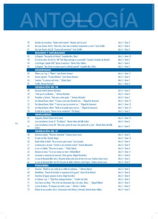 ANTOLOGÍAÍNDICE CRONOLÓGICO
14
39 Artículos de costumbres: “Vuelva usted mañana” (Mariano José de Larra) Año 2 – Tema 3
40 Don Juan Tenorio: Acto II. “Doña Inés y Don Juan se declaran mutuamente su amor” (José Zorrilla) Año 2 – Tema 4
41 Don Juan Tenorio: Acto III. “Escenas del cementerio” (José Zorrilla) Año 2 – Tema 4
REALISMO Y NATURALISMO
42 La Regenta: “Descripción de Vetusta” (Leopoldo Alas, Clarín) Año 2 – Tema 10
43 El sí de las niñas: Acto III, Esc. VIII “Don Diego interroga a su prometida” (Leandro Fernández de Moratín) Año 2 – Tema 5
44 La de Bringas Capítulo XXIX “Apuros Económicos” (Benito Pérez Galdós) Año 2 – Tema 5
43 La Regenta: “Ana Ozores se prepara para la confesión general” (Leopoldo Alas, Clarín) Año 2 – Tema 5
MODERNISMO
44 Platero y yo: Cap. I. “Platero” (Juan Ramón Jiménez) Año 2 – Tema 11
45 Poemas agrestes: “El viaje definitivo” (Juan Ramón Jiménez) Año 2 – Tema 9
46 Sonatina: “La princesa está triste...” (Rubén Darío) Año 2 – Tema 7
47 Castilla (Manuel Machado) Año 1 – Tema 3
GENERACIÓN DEL 98
48 Recuerdo infantil (Antonio Machado) Año 3 – Tema 2
49 “Soñé que tú me llevabas...” (Antonio Machado) Año 3 – Tema 4
50 Proverbios y Cantares: “Todo pasa y todo queda...” (Antonio Machado) Año 3 – Tema 7
51 San Manuel Bueno, Mártir: “Y Lázaro, acaso para distraerle más...” (Miguel de Unamuno) Año 2 – Tema 13
52 San Manuel Bueno, Mártir: “Y otra vez que me encontré con...” (Miguel de Unamuno) Año 2 – Tema 13
53 San Manuel Bueno, Mártir: “Nadie en el pueblo quiso creer en...” (Miguel de Unamuno) Año 2 – Tema 13
54 El árbol de la Ciencia: “Bromas de los estudiantes” (Pío Baroja) Año 3 – Tema 2
VANGUARDIAS
55 Greguerías (Ramón Gómez de la Serna) Año 3 – Tema 12
56 Luces de bohemia: Escena VI. “El calabozo”. (Ramón María del Valle Inclán) Año 3 – Tema 6
57
Luces de bohemia: Escena XII. “Max está a punto de morir a las puertas de su casa”. (Ramón María del Valle
Inclán)
Año 3 – Tema 9
GENERACIÓN DEL 27
58 Romancero gitano: “Romance sonámbulo” (Federico García Lorca) Año 3 – Tema 9
59 El ciprés de Silos (Gerardo Diego) Año 3 – Tema 13
60 Donde habite el olvido: “No es el amor quien muere” (Luis Cernuda) Año 3 – Tema 4
61 La destrucción o el amor: “Canción a una muchacha muerta” (Vicente Aleixandre) Año 3 – Tema 9
62 La voz a ti debida: “Para vivir no quiero...” (Pedro Salinas) Año 3 – Tema 4
63 Marinero en tierra: “Si mi voz muriera en tierra” (Rafael Alberti) Año 3 – Tema 11
64 Cancionero y romancero de ausencias: Tristes guerras (Miguel Hernández) Año 1 – Tema 8
65 La casa de Bernarda Alba: Acto I. Bernarda declara ocho años de luto en la casa (Federico García Lorca) Año 3 – Tema 5
66 La casa de Bernarda Alba: Acto III. Discusión de Adela y Martirio y final trágico. (Federico García Lorca) Año 3 – Tema 9
POSGUERRA
67 Insomnio: “Madrid es una ciudad de un millón de cadáveres...” (Dámaso Alonso) Año 3 – Tema 3
68 Moralidades: “Intento de formular mi experiencia de la guerra” (Jaime Gil de Biedma) Año 2 – Tema 8
69 Inventario de lugares propicios al amor (Ángel González) Año 3 – Tema 4
70 La Colmena: Cap. 1. “Doña Rosa madruga bastante...” (Camilo José Cela) Año 3 – Tema 3
71 Cinco horas con Mario: “Pero tú les das demasiadas alas a los niños, Mario...” (Miguel Delibes) Año 3 – Tema 3
72 La tesis de Nancy: “El marqués nos invitó a cenar...” (Ramón J. Sénder) Año 1 – Tema 3
73 Historia de una escalera: Acto I, Conversación entre Urbano y Fernando (Antonio Buero Vallejo) Año 3 – Tema 7
 