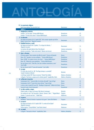 ANTOLOGÍAÍNDICE TEMÁTICO
10
13 La experiencia religiosa
Noche oscura del alma (San Juan de la Cruz) Renacimiento 45
AÑO 2
1 Imaginación y misterio
Leyendas: “Los ojos verdes” (Gustavo Adolfo Bécquer) Romanticismo 49
Leyendas: “El monte de las ánimas” (Gustavo Adolfo Bécquer) Romanticismo 50
2 La educación
Don Quijote de la Mancha: Vol. II. Capítulo XLIII. “De los consejos segundos que dio Don
Quijote a Sancho Panza” (Miguel de Cervantes)
Renacimiento 53
3 Realidad histórica y social
Don Quijote de la Mancha Vol. I Capítulo I. “En un lugar de la Mancha...”
(Miguel de Cervantes)
Renacimiento 55
Las aventuras del capitán Alatriste (Arturo Pérez-Reverte) Literatura contemporánea 56
Artículos de costumbres: “Vuelva usted mañana” (Mariano José de Larra) Romanticismo 57
4 Amor y desamor
El Parnaso español: “Amor constante más allá de la muerte” (Francisco de Quevedo) Barroco 58
Rimas: XXX. “Asomaba a sus ojos una lágrima...” (Gustavo Adolfo Bécquer) Romanticismo 58
Rimas: XXXVIII. “Los suspiros son aire y van al aire!...” (Gustavo Adolfo Bécquer) Romanticismo 58
Rimas: LIII. “Volverán las oscuras golondrinas...”(Gustavo Adolfo Bécquer) Romanticismo 58
Don Juan Tenorio: Acto II. “Doña Inés y Don Juan se declaran mutuamente su amor”
(José Zorrilla)
Romanticismo 59
Don Juan Tenorio: Acto III. “Escenas del cementerio” (José Zorrilla) Romanticismo 60
5 La mujer
El sí de las niñas: Acto III, Esc. VIII. “Don Diego interroga a su prometida”
(Leandro Fernández de Moratín)
Ilustración 61
La de Bringas Capítulo XXIX “Apuros económicos” (Benito Pérez Galdós) Realismo y Naturalismo 62
La Regenta: “Ana Ozores se prepara para la confesión general” (Leopoldo Alas, Clarín) Realismo y Naturalismo 63
6 La libertad y la justicia
Fuenteovejuna: Acto I. “Laurencia habla a los hombres del pueblo” (Lope de Vega) Barroco 64
Fuenteovejuna: Acto III. “Escena de las torturas del juez” (Lope de Vega) Barroco 65
La vida es sueño: Jornada III, Escena XIX, “Monólogo de Segismundo” (Calderón de la Barca) Barroco 66
Canción del pirata (José de Espronceda) Romanticismo 67
7 La vida: sentido y etapas
Fábulas morales: La cigarra y la hormiga (Félix María de Samaniego) Ilustración 68
Tres sombreros de copa: “Don Sacramento: ¡Dionisio! ¡Dionisio! ¡Abra!...” (Miguel Mihura) Posguerra 69
Sonatina: “La princesa está triste...” (Rubén Darío) Modernismo 70
8 La guerra
Moralidades: “Intento de formular mi experiencia de la guerra” (Jaime Gil de Biedma) Posguerra 71
9 La muerte
Don Quijote de la Mancha: Vol. II. Capítulo LXXIV. “La cordura de Don Quijote”
(Miguel de Cervantes)
Renacimiento 72
Poemas agrestes: “El viaje definitivo” (Juan Ramón Jiménez) Modernismo 75
10 La ciudad
La Regenta: “Descripción de Vetusta” (Leopoldo Alas, Clarín) Realismo y Naturalismo 76
 