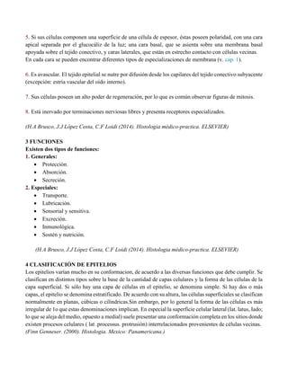 5. Si sus células componen una superficie de una célula de espesor, éstas poseen polaridad, con una cara
apical separada por el glucocáliz de la luz; una cara basal, que se asienta sobre una membrana basal
apoyada sobre el tejido conectivo, y caras laterales, que están en estrecho contacto con células vecinas.
En cada cara se pueden encontrar diferentes tipos de especializaciones de membrana (v. cap. 1).
6. Es avascular. El tejido epitelial se nutre por difusión desde los capilares del tejido conectivo subyacente
(excepción: estría vascular del oído interno).
7. Sus células poseen un alto poder de regeneración, por lo que es común observar figuras de mitosis.
8. Está inervado por terminaciones nerviosas libres y presenta receptores especializados.
(H.A Brusco, J.J López Costa, C.F Loidi (2014). Histologia médico-practica. ELSEVIER)
3 FUNCIONES
Existen dos tipos de funciones:
1. Generales:
 Protección.
 Absorción.
 Secreción.
2. Especiales:
 Transporte.
 Lubricación.
 Sensorial y sensitiva.
 Excreción.
 Inmunológica.
 Sostén y nutrición.
(H.A Brusco, J.J López Costa, C.F Loidi (2014). Histologia médico-practica. ELSEVIER)
4 CLASIFICACIÓN DE EPITELIOS
Los epitelios varían mucho en su conformacion, de acuerdo a las diversas funciones que debe cumplir. Se
clasifican en distintos tipos sobre la base de la cantidad de capas celulares y la forma de las células de la
capa superficial. Si sólo hay una capa de células en el epitelio, se denomina simple. Si hay dos o más
capas, el epitelio se denomina estratificado. De acuerdo con su altura, las células superficiales se clasifican
normalmente en planas, cúbicas o cilíndricas.Sin embargo, por lo general la forma de las células es más
irregular de 1o que estas denominaciones implican. En especial la superficie celular lateral (lat. latus, Iado;
lo que se aleja del medio, opuesto a medial) suele presentar una conformación completa en los sitios donde
existen procesos celulares ( lat .processus. protrusión) interrelacionados provenientes de células vecinas.
(Finn Genneser. (2000). Histologia. Mexico: Panamericana.)
 