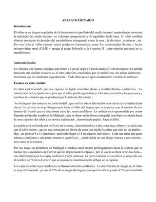 APARATO URINARIO
Introducción
El riñón es un órgano regulador de la homeostasis (equilibrio del medio interno) manteniendo constante
la tonicidad del medio interno su volumen composición y el equilibrio ácido base. El riñón también
elimina productos de desecho del metabolismo nitrogenado como la urea , ácido úrico , creatinina , etc.
Por otro lado el riñón elabora varios productos hormonales, como los denominados Renina y factor
eritropoyético renal (F.E.R) y agrega el grupo hidroxilo a la vitamina D , interviniendo entonces en su
metabolismo .
Anatomía básica
Los riñones son órganos macizos que miden 12 cm.de largo x 6 cm.de ancho y 3 cm.de espesor. La unidad
funcional del aparato urinario es el tubo urinífero constituído por el nefrón más los tubos colectores ,
elementos que se estudiarán seguidamente . Cada riñón posee aproximadamente 1 millón de nefrones.
Examen en corte medial
El riñón está revestido por una cápsula de tejido conectivo denso y miofibroblastos contráctiles . La
contracción de la capsula sirve para que el riñón pueda agrandarse y achicarse para tolerar las presiones y
cambios de volumen que se producen por la función del mismo .
Se distinguen dos zonas en un corte medial , que son la corteza (de tinción más oscura) y la médula (más
clara). La corteza envía prolongaciones hacia el hilio del órgano que se conocen con el nombre de co-
lumnas de Bertini que se interponen entre las zonas medulares. La médula está representada por zonas
llamadas pirámides renales o de Malpighi , que se observan de forma triangular cuya base se orienta hacia
la zona capsular del riñón y su vértice redondeado , denominado papila , hacia el hilio .
La papila está perforada por orificios en la punta , denominándose a ésta zona área cribosa y se relaciona
con el cáliz menor , que es una estructura en forma de copa que recibe la orina que sale de las papilas .
Hay , en general 8 a 12 pirámides , pudiendo llegar a 18 en algunos individuos . Cada una tiene una parte
interna o profunda y una parte externa o superficial , , subdividida en una franja interna y una externa ,
más cerca de la corteza .
Por sus bases las pirámides de Malpighi ó médula renal emiten prolongaciones hacia la corteza que se
llaman rayos medulares de Ferrein que no llegan hasta la cápsula , por lo que la corteza tiene dos zonas ,
una interrumpida por los rayos medulares y otra continua. La parte continua de la corteza es conocida con
el nombre de "Cortex-Cortici" que se encuentra inmediatamente debajo de la cápsula.
Los espacios entre rayos medulares se llaman laberintos corticales . La distribución de sangre en el riñón
es muy diferenciada , ya que el 95% de la sangre del órgano pasa por la corteza y sólo el 5% por la médula
.
 