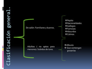 Clasificación general.

                                                          Pepito
                                                          Nacionalidades
                                                          Gallegos
                         De salón: Familiares y buenos.   Famosos
                                                          Absurdos
                                                          Colmos



                                                          Albures
                          Adultos ( no aptos para
                                                           Que contengan
                          menores): Subidos de tono.
                                                            groserías
 