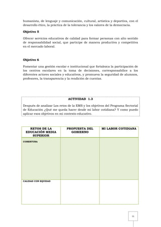 11
humanista, de lenguaje y comunicación, cultural, artística y deportiva, con el
desarrollo ético, la práctica de la tolerancia y los valores de la democracia.
Objetivo 5
Ofrecer servicios educativos de calidad para formar personas con alto sentido
de responsabilidad social, que participe de manera productiva y competitiva
en el mercado laboral.
Objetivo 6
Fomentar una gestión escolar e institucional que fortalezca la participación de
los centros escolares en la toma de decisiones, corresponsabilice a los
diferentes actores sociales y educativos, y promueva la seguridad de alumnos,
profesores, la transparencia y la rendición de cuentas.
ACTIVIDAD 1.3
Después de analizar Los retos de la EMS y los objetivos del Programa Sectorial
de Educación ¿Qué me queda hacer desde mi labor cotidiana? Y como puedo
aplicar esos objetivos en mi contexto educativo.
RETOS DE LA
EDUCACIÓN MEDIA
SUPERIOR
PROPUESTA DEL
GOBIERNO
MI LABOR COTIDIANA
COBERTURA
CALIDAD CON EQUIDAD
 