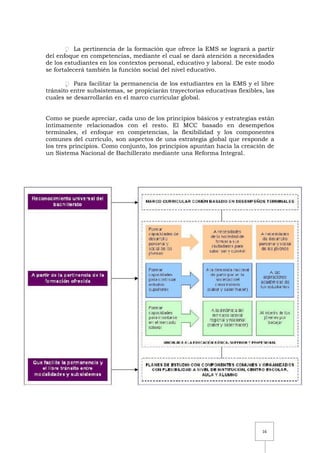 16
 La pertinencia de la formación que ofrece la EMS se logrará a partir
del enfoque en competencias, mediante el cual se dará atención a necesidades
de los estudiantes en los contextos personal, educativo y laboral. De este modo
se fortalecerá también la función social del nivel educativo.
 Para facilitar la permanencia de los estudiantes en la EMS y el libre
tránsito entre subsistemas, se propiciarán trayectorias educativas flexibles, las
cuales se desarrollarán en el marco curricular global.
Como se puede apreciar, cada uno de los principios básicos y estrategias están
íntimamente relacionados con el resto. El MCC basado en desempeños
terminales, el enfoque en competencias, la flexibilidad y los componentes
comunes del currículo, son aspectos de una estrategia global que responde a
los tres principios. Como conjunto, los principios apuntan hacia la creación de
un Sistema Nacional de Bachillerato mediante una Reforma Integral.
 