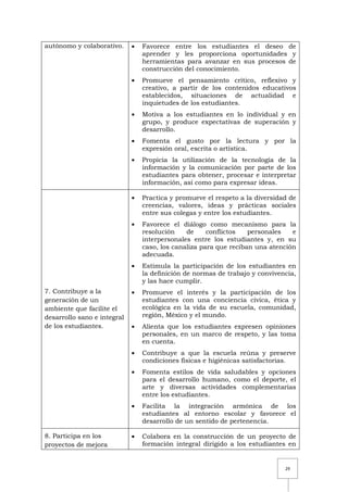 29
autónomo y colaborativo. Favorece entre los estudiantes el deseo de
aprender y les proporciona oportunidades y
herramientas para avanzar en sus procesos de
construcción del conocimiento.
Promueve el pensamiento crítico, reflexivo y
creativo, a partir de los contenidos educativos
establecidos, situaciones de actualidad e
inquietudes de los estudiantes.
Motiva a los estudiantes en lo individual y en
grupo, y produce expectativas de superación y
desarrollo.
Fomenta el gusto por la lectura y por la
expresión oral, escrita o artística.
Propicia la utilización de la tecnología de la
información y la comunicación por parte de los
estudiantes para obtener, procesar e interpretar
información, así como para expresar ideas.
7. Contribuye a la
generación de un
ambiente que facilite el
desarrollo sano e integral
de los estudiantes.
Practica y promueve el respeto a la diversidad de
creencias, valores, ideas y prácticas sociales
entre sus colegas y entre los estudiantes.
Favorece el diálogo como mecanismo para la
resolución de conflictos personales e
interpersonales entre los estudiantes y, en su
caso, los canaliza para que reciban una atención
adecuada.
Estimula la participación de los estudiantes en
la definición de normas de trabajo y convivencia,
y las hace cumplir.
Promueve el interés y la participación de los
estudiantes con una conciencia cívica, ética y
ecológica en la vida de su escuela, comunidad,
región, México y el mundo.
Alienta que los estudiantes expresen opiniones
personales, en un marco de respeto, y las toma
en cuenta.
Contribuye a que la escuela reúna y preserve
condiciones físicas e higiénicas satisfactorias.
Fomenta estilos de vida saludables y opciones
para el desarrollo humano, como el deporte, el
arte y diversas actividades complementarias
entre los estudiantes.
Facilita la integración armónica de los
estudiantes al entorno escolar y favorece el
desarrollo de un sentido de pertenencia.
8. Participa en los
proyectos de mejora
Colabora en la construcción de un proyecto de
formación integral dirigido a los estudiantes en
 