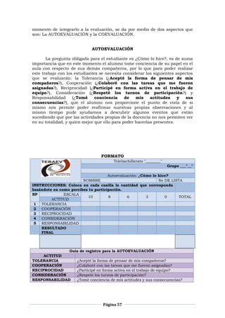 Página 57
momento de integrarlo a la evaluación, se da por medio de dos aspectos que
son: La AUTOEVALUACIÓN y la COEVALUACIÓN.
AUTOEVALUACIÓN
La pregunta obligada para el estudiante es ¿Cómo lo hice?, es de suma
importancia que en este momento el alumno tome conciencia de su papel en el
aula con respecto de sus demás compañeros, por lo que para poder realizar
este trabajo con los estudiantes se necesita considerar los siguientes aspectos
que se evaluarán: la Tolerancia (¿Acepté la forma de pensar de mis
compañeros?), Cooperación (¿Colaboré con las tareas que me fueron
asignadas?), Reciprocidad (¿Participé en forma activa en el trabajo de
equipo?), Consideración (¿Respeté los turnos de participación?) y
Responsabilidad (¿Tomé conciencia de mis actitudes y sus
consecuencias?), que el alumno nos proporcione el punto de vista de si
mismo nos permite poder reafirmar nuestras propias observaciones y al
mismo tiempo pude ayudarnos a descubrir algunos eventos que están
sucediendo que por las actividades propias de la docencia no nos permiten ver
en su totalidad, y quien mejor que ello para poder hacerlas presentes.
FORMATO
Telebachillerato "________"
Grupo ___"__"
Autoevaluación: ¿Cómo lo hice?
NOMBRE No DE LISTA
INSTRUCCIONES: Coloca en cada casilla la cantidad que corresponda
basándote en como percibes tu participación.
NP ESCALA
10 8 6 3 0 TOTAL
ACTITUD
1 TOLERANCIA
2 COOPERACIÓN
3 RECIPROCIDAD
4 CONSIDERACIÓN
5 RESPONSABILIDAD
RESULTADO
FINAL
Guía de registro para la AUTOEVALUACIÓN
ACTITUD
TOLERANCIA ¿Acepté la forma de pensar de mis compañeros?
COOPERACIÓN ¿Colaboré con las tareas que me fueron asignadas?
RECIPROCIDAD ¿Participé en forma activa en el trabajo de equipo?
CONSIDERACIÓN ¿Respete los turnos de participación?
RESPONSABILIDAD ¿Tomé conciencia de mis actitudes y sus consecuencias?
 