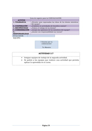 Página 59
Guía de registro para la COEVALUACIÓN
ACTITUD
1.-TOLERANCIA ¿Permite sean expresadas las ideas de los demás miembros
del equipo?
2.-COOPERACIÓN ¿Colabora en actividades de beneficio común?
3.-RECIPROCIDAD ¿Valora el trabajo de los demás?
4.-CONSIDERACIÓN ¿Acepta las opiniones de los miembros del equipo?
5.-
RESPONSABILIDAD
¿Asume con responsabilidad sus tareas?
EVALUADOR:
EQUIPO:
! Gracias por tu
colaboración!
Tu Maestro
ACTIVIDAD 3.7
Integrar equipos de trabajo de la segunda actividad.
Se pedirá a los equipos que realicen una actividad que permita
aplicar lo aprendido en el curso.
 