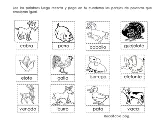 Lee las palabras luego recorta y pega en tu cuaderno las parejas de palabras que
empiezan igual.
cabra caballo guajolote
gallo
perro
pato
elote elefante
borrego
burro vaca
venado
Recortable pág.
 