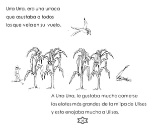 A Urra Urra, le gustaba mucho comerse
los elotes más grandes de la milpa de Ulises
y esto enojaba mucho a Ulises.
Urra Urra, era una urraca
que asustaba a todos
los que veía en su vuelo.
47
 