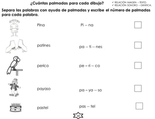 69
¿Cuántas palmadas para cada dibujo?  RELACIÓN IMAGEN – TEXTO.
 RELACIÓN SONORO – GRÁFICA.
Separa las palabras con ayuda de palmadas y escribe el número de palmadas
para cada palabra.
Pina Pi -- na
patines
perico
payaso
pastel
pe – ri -- co
pa – ya -- so
pas -- tel
pa -- ti -- nes
 