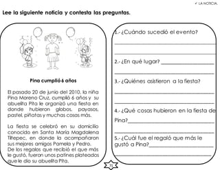 71
 LA NOTICIA.
Lee la siguiente noticia y contesta las preguntas.
Pina cumplió6 años
El pasado 20 de junio del 2010, la niña
Pina Moreno Cruz, cumplió 6 años y su
abuelita Pita le organizó una fiesta en
donde hubieron globos, payasos,
pastel, piñatas y muchas cosas más.
La fiesta se celebró en su domicilio
conocido en Santa María Magdalena
Tiltepec, en donde la acompañaron
sus mejores amigos Pamela y Pedro.
De los regalos que recibió el que más
le gustó, fueron unos patines plateados
que le dio su abuelita Pita.
1.- ¿Cuándo sucedió el evento?
_____________________________________
_____________________________________
2.- ¿En qué lugar? ____________________
_____________________________________
3.- ¿Quiénes asistieron a la fiesta?
_____________________________________
_____________________________________
4.- ¿Qué cosas hubieron en la fiesta de
Pina?________________________________
_____________________________________
5.- ¿Cuál fue el regaló que más le
gustó a Pina?________________________
____________________________________
 