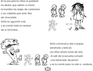 Sofía comenzó a oler a papas,
zanahoria y brócoli.
Los niños ahora huían de ella.
Al salir de la escuela compró
una rebanada de jamón
y se la comió para no oler a verduras.
En la escuela los niños le quitaban
los dedos que sabían a chicle;
le mordían las orejas de caramelos
y sus cabellos que eran tiras
de chocolate.
Sofía no aguantó más
y se comió toda la verdura
de su lonchera.
74
 