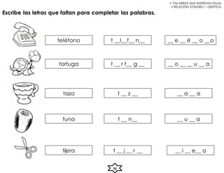 Escribe las letras que faltan para completar las palabras.
 PALABRAS QUE EMPIEZAN IGUAL
RELACIÓN SONORO – GRÁFICA.
86
t __l__f__ n__
t __ r t__ g __
t __ z __
t __ n__
t __ j __ r __
__ e __ é __ o __o
__ o __ __ u __ a
__ a __ a
__ u __ a
__ i __ e__ a
teléfono
tijera
tuna
taza
tortuga
 