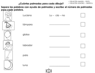  RELACIÓN IMAGEN – TEXTO.
 RELACIÓN SONORO – GRÁFICA.
¿Cuántas palmadas para cada dibujo?
95
Luciano Lu -- cia -- no
lámpara
globo
labrador
pala
luna
Separa las palabras con ayuda de palmadas y escribe el número de palmadas
para cada palabra.
_________________
_________________
_________________
_________________
_________________
 