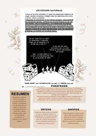 68
RESUMEN
Movidos por objetivos
políticos similares a
los de la Escuela de
Frankfurt, se preguntan
por las relaciones de
poder o dominación,
prestando atención a
zonas de la cultura
desvalorizadas, como
las expresiones
proletarias y su
relación con la cultura
masiva.
SÍNTESIS
Movidos por objetivos politicos similares
a los de la escuela de frankfurt se
preguntan por las relaciones de poder
o dominación prestando atención a
zonas de la cultura desvalorizadas
como las expresiones proletarias y su
relación con la cultura masiva.
SINOPSIS
Objetivos políticos, comunicación,
culturas desvalorizadas forman
parte de los estudios culturales
especialmente en expresiones
obreras ya que forman parte de los
estudios literarios.
PARÁFRASIS
A finales de los años cincuenta, un conjunto de intelectuales británicos de procedencia
marxista empieza a indagar sobre las interrelaciones entre comunicación, cultura y sociedad.
Interesados en el fenómeno de las civilizaciones célebres -especialmente las expresiones
obreras-, combinan estudios literarios con las ciencias sociales, como antropología y las
investigaciones etnográficas.
Movidos por fines políticos semejantes a los del colegio de Frankfurt, se preguntan por las
interacciones de poder o dominación, prestando atención a regiones de la cultura
desvalorizadas, como las expresiones proletarias y su interacción con la cultura masiva.
 