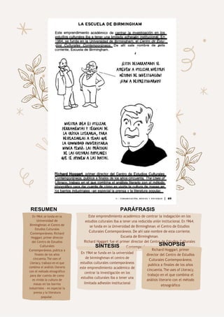 70
RESUMEN PARÁFRASIS
En 1964, se funda en la
Universidad de
Birminghman, el Centro de
Estudios Culturales
Contemporáneos. Richard
Hoggart, primer director
del Centro de Estudios
Culturales
Contemporáneos, publica a
finales de los años
cincuenta, The uses of
Literacy, trabajo en el que
combina el análisis literario
con el método etnográfico
para dar cuenta de como
es vivida la cultura de
masas en los barrios
industriales - en especial la
prensa y la literatura
popular.
Este emprendimiento académico de centrar la indagación en los
estudios culturales iba a tener una reducida unión institucional. En 1964,
se funda en la Universidad de Birminghman, el Centro de Estudios
Culturales Contemporáneos. De ahí sale nombre de esta corriente,
Escuela de Birminghman.
Richard Hoggart fue el primer director del Centro de Estudios Culturales
Contemporáneos.
SÍNTESIS
En 1964 se funda en la universidad
de birminghman el centro de
estudios culturales contemporáneos
este emprendimiento académico de
centrar la investigación en los
estudios culturales iba a tener una
limitada adhesión institucional
SINOPSIS
Richard Hoggart, primer
director del Centro de Estudios
Culturales Contemporáneos,
publica a finales de los años
cincuenta, The uses of Literacy,
trabajo en el que combina el
análisis literario con el método
etnográfico
 