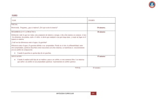 FASES:
FASE

TIEMPO

INICIAL
Bienvenida. Preguntas, ¿que es materia? ¿Por qué existe la materia?

10 minutos.

DESARROLLO Y LA PRACTICA

20 minutos

Definición: todo lo que nos rodea, esta compuesto de materia y energía; y día a día estamos en contacto: el aire
, los alimentos, las piedras, suelo, el vidrio, es decía que cualquier cosa que tenga masa y ocupe un lugar en el
espacio es materia
¿Cuál son las diferencias entre el agua y la gasolina?
Diferencia entre el agua y la gasolina debido a sus propiedades. Puede ser el olor, la inflamabilidad, entre
otros propiedades, químicas describen como reaccionan con otras materias, se manifiesta es necesariamente
con un cambio de composición
Cuando la gasolina se quema deja de ser gasolina.
APLICACIÓN

15 minutos

Cuando la madera arde deja de ser madera y pasa a ser carbón, es otra sustancia libre. Las materias
que sufren un cambio en sus propiedades químicas experimentan un cambio químico

TOTAL

ANTOLOGIA CURRICULAR

45 minútos

109

 