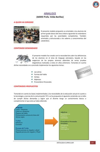 ANALISIS
(ADDIE Profa. Velda Barillas)
A QUIEN VA DIRIGIDO

El presente modelo propuesto va orientado a los alumnos de
primer grado básico del área Urbana siguiendo los estándares
requeridos por las autoridades competentes. También
orientado y estructurado a los saberes y conocimientos del
catedrático.

CONTENIDO DEMANDADO

El presente modelo fue creado con la necesidad de cubrir las deficiencias
de los alumnos en el área de lenguaje extranjero, basado en las
exigencias de los propios alumnos obtenidas de varias pruebas
diagnósticas realizadas a estos en años anteriores. Tomando en cuenta
dichas necesidades se a concluido implementar los siguientes temas:

Las Letras
Formas del habla
Verbos
Adjetivos
Pronombres Personales

CONTENIDOS PROPUESTOS

Tomando en cuenta las bases implementadas y las necesidades de la educación actual en cuanto a
la tecnología y ciencias de la comunicación TIC’s se ha propuesto el siguiente contenido con el afán
de cumplir dichas demandas y lograr que el dicente tenga un conocimiento básico o
complementar el que este ya había obtenido.

Lenguaje
Letras vibratorias
Letras no vibratorias
Órganos del habla
Pronunciación correcta de letras del
idioma ingles
Verbos
Infinitivos
Gerundio
Persona del Verbo
Primera persona en singular y plural
Segunda persona del singular y Plural

Adjetivos
Demostrativos
Posesivos
Indefinidos
Pronombres Personales
Oraciones
Afirmativas
Negativas
Interrogativa

ANTOLOGIA CURRICULAR

110

 