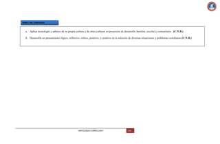PERFIL DEL EGRESADO:

a. Aplica tecnología y saberes de su propia cultura y de otras culturas en proyectos de desarrollo familiar, escolar y comunitario. (C.N.B.)
b. Desarrolla un pensamiento lógico, reflexivo, crítico, positivo, y creativo en la solución de diversas situaciones y problemas cotidianos.(C.N.B.)

ANTOLOGIA CURRICULAR

134

 