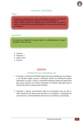 MATERIAL Y RECURSOS
Equipo:
Actualmente el instituto cuenta con un salón diseñado exactamente para impartir
la clase de Dibujo en perfectas condiciones, con mesas diseñadas para
Dibujar estando apto para las exigencias que se necesiten cubrir. Asi mismo se
cuenta con material y herramienta disponible para el uso exclusivo de cad uno de
los estudiantes.

Capacitación:
El personal que impartirá la cátedra deberá ser actualizado para un mejor
desempeño en diversas áreas.






Autocad
Windows 7
Office 2,010
Internet

DISEÑO
COMPETENCIAS A DESARROLLAR
1. El manejo y utilización del Dibujo dentro del aula posibilita que los alumnos
y las alumnas tengan accesos a diferentes fuentes de información donde
aprenderán a evaluar y criticar, a desarrollar bosquejos enhojas de papel bond
para luego realizarlo en formatos utilizando los métodos adecuados para la
realización final de cualquier tipo de Dibujo.

2. Aprenden a utilizar correctamente todos los instrumentos para un fácil y
mejor desarrollo del alumno para descubrir sus cualidades y capacidades de
conocimiento y creatividad dentro del proceso de enseñanza y aprendizaje.

ANTOLOGIA CURRICULAR

146

 