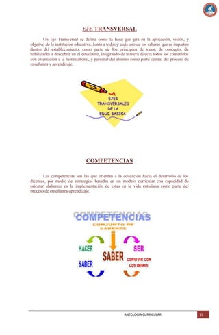 EJE TRANSVERSAL
Un Eje Transversal se define como la base que gira en la aplicación, visión, y
objetivo de la institución educativa. Junto a todos y cada uno de los saberes que se imparten
dentro del establecimiento, como parte de los principios de valor, de concepto, de
habilidades a descubrir en el estudiante, integrando de manera directa todos los contenidos
con orientación a la fuerzalaboral, y personal del alumno como parte central del proceso de
enseñanza y aprendizaje.

COMPETENCIAS
Las competencias son las que orientan a la educación hacia el desarrollo de los
dicentes, por medio de estrategias basadas en un modelo curricular con capacidad de
orientar alalumno en la implementación de estas en la vida cotidiana como parte del
proceso de enseñanza-aprendizaje.

ANTOLOGIA CURRICULAR

15

 