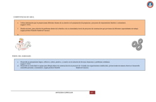 COMPETENCIAS DE AREA:

e.

Utiliza información que le proporcionan diferentes fuentes de su entorno en la preparación de propuestas y proyectos de mejoramiento familiar o comunitario.
(según C.N.B.)

f.

Diseña acciones, para solución de problemas dentro de la familia o de su comunidad,a través de proyectos de construcción que provienen de diferentes especialidades de trabajo.
(según profesor Rodolfo Sandoval Cáceres)

g.

PERFIL DEL EGRESADO:

c.
d.

Desarrolla un pensamiento lógico, reflexivo, crítico, positivo, y creativo en la solución de diversas situaciones y problemas cotidianos.
(según C.N.B.)
Desarrolla la creatividad en equipo para dibujar planos de construcción de un proyecto de vivienda con requerimientos establecidos, promoviendo de manera efectiva el desarrollo
sostenible personal y comunitario. (según profesor Rodolfo
Sandoval Cáceres).

ANTOLOGIA CURRICULAR

157

 