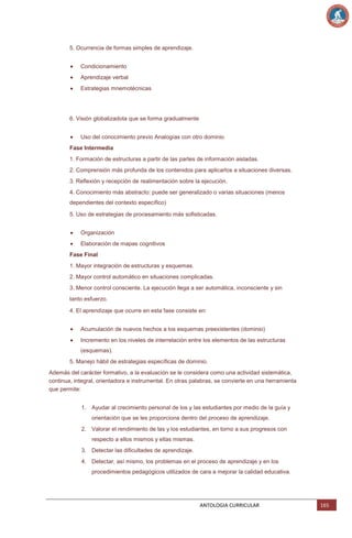 5. Ocurrencia de formas simples de aprendizaje.
Condicionamiento
Aprendizaje verbal
Estrategias mnemotécnicas

6. Visión globalizadota que se forma gradualmente
Uso del conocimiento previo Analogías con otro dominio
Fase Intermedia
1. Formación de estructuras a partir de las partes de información aisladas.
2. Comprensión más profunda de los contenidos para aplicarlos a situaciones diversas.
3. Reflexión y recepción de realimentación sobre la ejecución.
4. Conocimiento más abstracto: puede ser generalizado o varias situaciones (menos
dependientes del contexto específico)
5. Uso de estrategias de procesamiento más sofisticadas.
Organización
Elaboración de mapas cognitivos
Fase Final
1. Mayor integración de estructuras y esquemas.
2. Mayor control automático en situaciones complicadas.
3. Menor control consciente. La ejecución llega a ser automática, inconsciente y sin
tanto esfuerzo.
4. El aprendizaje que ocurre en esta fase consiste en:
Acumulación de nuevos hechos a los esquemas preexistentes (dominio)
Incremento en los niveles de interrelación entre los elementos de las estructuras
(esquemas).
5. Manejo hábil de estrategias específicas de dominio.
Además del carácter formativo, a la evaluación se le considera como una actividad sistemática,
continua, integral, orientadora e instrumental. En otras palabras, se convierte en una herramienta
que permite:
1. Ayudar al crecimiento personal de los y las estudiantes por medio de la guía y
orientación que se les proporciona dentro del proceso de aprendizaje.
2. Valorar el rendimiento de las y los estudiantes, en torno a sus progresos con
respecto a ellos mismos y ellas mismas.
3. Detectar las dificultades de aprendizaje.
4. Detectar, así mismo, los problemas en el proceso de aprendizaje y en los
procedimientos pedagógicos utilizados de cara a mejorar la calidad educativa.

ANTOLOGIA CURRICULAR

165

 