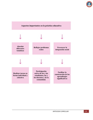 Aspectos importantes en la práctica educativa

↓

↓

↓

Abordar
diferentes
temáticas

Reflejar problemas
reales

Favorecer la
integración social

↓

↓

↓

Realizar tareas en
forma individual y
colectiva

Participación
activa de los y las
estudiantes, las y
los docentes y de la
comunidad.

Facilitar la
construcción de los
aprendizajes
significativos

ANTOLOGIA CURRICULAR

179

 
