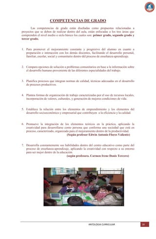 COMPETENCIAS DE GRADO
Las competencias de grado están diseñadas como propuestas relacionadas a
proyectos que se deben de realizar dentro del aula, están enfocadas a los tres áreas que
comprenden el nivel medio o siclo básico los cuales son: primer grado, segundo grado y
tercer grado.

1. Para promover el mejoramiento constante y progresivo del alumno en cuanto a
preparación e interacción con los demás discentes, facilitando el desarrollo personal,
familiar, escolar, social y comunitario dentro del proceso de enseñanza-aprendizaje.

2. Compara opciones de solución a problemas comunitarios en base a la información sobre
el desarrollo humano proveniente de las diferentes especialidades del trabajo.

3. Planifica procesos que integran normas de calidad, técnicas adecuadas en el desarrollo
de procesos productivos.

4. Plantea formas de organización de trabajo caracterizadas por el uso de recursos locales,
incorporación de valores, culturales, y generación de mejores condiciones de vida.

5. Establece la relación entre los elementos de emprendimiento y los elementos del
desarrollo socioeconómico y empresarial que contribuyen a la eficiencia y la calidad.

6. Promueve la integración de los elementos teóricos en la práctica, aplicando la
creatividad para desarrollarse como persona que conforma una sociedad que está en
proceso, caracterizado, organizado para el mejoramiento dentro de la productividad.
(Según profesor Edwin Antonio Flores Valiente)

7. Desarrolla constantemente sus habilidades dentro del centro educativo como parte del
proceso de enseñanza-aprendizaje, aplicando la creatividad con respecto a su entorno
para ser mejor dentro de la educación.
(según profesora. Carmen Irene Donis Tercero)

ANTOLOGIA CURRICULAR

18

 