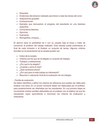 Disquetes
Evidencias del esfuerzo realizado para llevar a cabo las tareas del curso
Asignaciones grupales
Composiciones
Ejemplos que demuestren el progreso del estudiante en una destreza
específica
Comentarios literarios
Ejercicios
Exámenes
Monografías, ensayos,...
El alumno tiene la posibilidad de ir con su carpeta bajo el brazo y tratar de
convencer al profesor del trabajo realizado. Esta carpeta puede presentarse al
final de cada trimestre o al finalizar un conjunto de temas. Algunos criterios
formales en la presentación de la carpeta pueden ser:
Índice de la carpeta
Criterios por los que se ha elegido un conjunto de trabajos
Trabajos o realizaciones:
¿Por qué lo he elegido?
¿Cuándo y cómo lo hice?
¿Qué cambiaría ahora?
¿Por qué para mi este trabajo es interesante?
Resumen o valoración final de la evaluación de mis trabajos
- Parrilla de evaluación.
Se deben identificar y definir los criterios de referencia que pueden ser útiles para
analizar una tarea. En un primer momento deben ser elaboradas por el profesor,
para posteriormente ser diseñadas por los estudiantes. En una primera etapa es
conveniente mostrar parrillas elaboradas por el profesor con el objetivo de que los
estudiantes vayan aprendiendo a reconocer los criterios de evaluación y
redactarlos.

ANTOLOGIA CURRICULAR

189

 