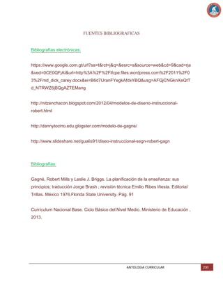 FUENTES BIBLIOGRAFICAS

Bibliografías electrónicas:
https://www.google.com.gt/url?sa=t&rct=j&q=&esrc=s&source=web&cd=9&cad=rja
&ved=0CE0QFjAI&url=http%3A%2F%2Fifcpe.files.wordpress.com%2F2011%2F0
3%2Fmd_dick_carey.docx&ei=B6d7UranFYegkAfdxYBQ&usg=AFQjCNGknXeQtT
d_NTRWZ6jBQgAZTEMang
http://nitzenchacon.blogspot.com/2012/04/modelos-de-diseno-instruccionalrobert.html
http://dannytocino.edu.glogster.com/modelo-de-gagne/
http://www.slideshare.net/gualis91/diseo-instruccional-segn-robert-gagn

Bibliografías:
Gagné, Robert Mills y Leslie J. Briggs. La planificación de la enseñanza: sus
principios; traducción Jorge Brash ; revisión técnica Emilio Ribes Iñesta. Editorial
Trillas. México 1976.Florida State University. Pág. 91
Currículum Nacional Base. Ciclo Básico del Nivel Medio. Ministerio de Educación ,
2013.

ANTOLOGIA CURRICULAR

200

 