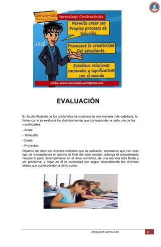 EVALUACIÓN
En la planificación de los contenidos se mostrara de una manera más detallada, la
forma como se evaluará los distintos temas que corresponden a cada una de las
modalidades:
- Anual
- Trimestral
- Diaria
- Proyectos.
Dejando en claro los diversos métodos que se aplicarán, esperando que con este
tipo de evaluaciones el alumno al final del ciclo escolar obtenga el conocimiento
necesario para desempeñarse en el área numérica, de una manera más fluida y
sin problema; y forjar en él la curiosidad por seguir descubriendo los diversos
temas que corresponden a dicho curso.

ANTOLOGIA CURRICULAR

50

 