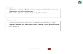SEGÚN DOCENTE:
-

Aplica elementos de cada conjunto, sus formas de representación y conversiones entre ellas, el orden y las operaciones con
reglas, propiedades, relaciones y posibilidades de aplicación.

-

Emite juicio sobre el planteamiento, el análisis y la solución creativa de problemas matemáticos.

PERFIL DEL EGRESADO:
-

Toma decisiones informadas responsables, basadas en actitudes de confianza, honestidad y solidaridad.

-

Desarrolla un pensamiento lógico, reflexivo, crítico, propositivo y creativo en la solución de diversas situaciones y
problemas cotidianos.

ANTOLOGIA CURRICULAR

54

 
