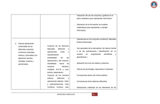 -

Valoración del uso de conjuntos y gráficas en el
plano cartesiano para representar información.

-

Valoración de la formulación de modelos
matemáticos para representar y manejar
información.

-

Enteros Racionales

2. Calcula operaciones
combinadas de los

Operaciones en los conjuntos numéricos: Naturales

-

Conjunto de los Números

diferentes conjuntos

Naturales:

numéricos (naturales,

operaciones,

enteros y racionales) con

y

orden

algoritmos escritos,

propiedades

mentales, exactos y

y

divisibilidad,

Uso apropiado de la calculadora, del cálculo mental

operaciones y del conjunto,

aproximados.

-

representación,

números

definición

y de las estimaciones.) (Identificación de un
sucesor

de

teoría

progresiones

aritméticas

y

geométricas.)

las

de

en

-

Aplicación de la ley de medios y extremos.

-

Cálculo de porcentajes, descuentos e intereses.

-

Conversiones dentro del mismo sistema

-

Conversiones entre sistemas diferentes.

-

Aplicaciones cotidianas de los elementos de los

–factores,

múltiplos, M.C.M y mcd,
primos- potenciación
-

Conjunto de los números
enteros:

Definición

y

operaciones básicas, orden
y representaciones, recta
numérica, inversos, valor

ANTOLOGIA CURRICULAR

56

 