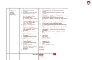 Describe
características,
procesos
básicos y
niveles de
organización de
los ecosistemas

Características, estructura y
funciones de los seres vivos
La célula:
Las células procariotas y sus partes.
Células eucariotas y sus partes.

Descripción de las características de los seres vivos.
Definición, funciones y tipos de células: procariotas y
eucariotas.
Análisis comparativo entre células procariotas y células
eucariotas.
Representación de las partes de la célula procariota y de la
célula eucariota y sus funciones.
Ciclo de vida de las plantas
Montaje de granos de polen de diferentes especies al
monocotiledóneas y
microscopio (si no se cuenta con microscopio, pueden utilizarse
dicotiledóneas: el maíz y el frijol
fotografías).
Ciclos de vida de los animales
Comparación del ciclo de vida y las estructuras de las plantas
Niveles de organización de los seres
monocotiledóneas con los de las dicotiledóneas.
vivos: células, tejidos, órganos,
Descripción del ciclo de vida de algunos animales.
sistemas, organismos.
Observación del proceso de metamorfosis en animales (sapos,
Dominios (Eubacteria, Archae,
mariposas, etc.)
Eukarya) y reinos de la naturaleza
Representación de los niveles de organización de la naturaleza.
(arqueobacterias, eubacterias,
Caracterización de los reinos de la naturaleza.
hongos, protistas, plantas y animales)
Representación de los reinos de los seres vivos en árboles
y sus interrelaciones. Árboles
filogenéticos.
filogenéticos.
Relación entre especie, población, comunidad, ecosistema y
Especie, población, comunidad,
biosfera.
ecosistema, biósfera.
Diferenciación entre factores abióticos y bióticos.
Factores abióticos y bióticos de los
Diferenciación
ecosistemas
entre factores
Clases de ecosistemas: terrestres y
abióticos y bióticos
acuáticos.
en ecosistemas del
Cadenas tróficas en ecosistemas
entorno inmediato.
terrestres: productores, consumidores
Comparación de
y descomponedores
muestras de agua y
Crecimiento de poblaciones y su
regulación.
suelo.
Natalidad y mortalidad:
Descripción delos procesos de
crecimiento de
Recursos y ambiente como factores
poblaciones y
limitantes del crecimiento
poblacional.
de regulación:
Los virus.
natalidad y
mortalidad,
disponibilidad
de recursos
ANTOLOGIA CURRICULAR y
81
condiciones
ambientales.
Proyecto: variación
de las condiciones

 