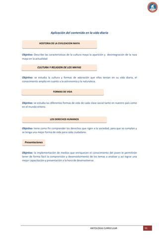 Aplicación del contenido en la vida diaria
HOSTORIA DE LA CIVILIZACION MAYA

Objetivo: Describe las características de la cultura maya la aparición y desintegración de la raza
maya en la actualidad
CULTURA Y RELIGION DE LOS MAYAS

Objetivo: se estudia la cultura y formas de adoración que ellos tenían en su vida diaria, el
conocimiento amplio en cuanto a la astronomía y la naturaleza.

FORMAS DE VIDA

Objetivo: se estudia las diferentes formas de vida de cada clase social tanto en nuestro país como
en el mundo entero.

LOS DERECHOS HUMANOS

Objetivo: tiene como fin comprender los derechos que rigen a la sociedad, para que se cumplan y
se tenga una mejor forma de vida para cada ciudadano.

Presentaciones

Objetivo: la implementación de medios que enriquecen el conocimiento del joven le permitirán
tener de forma fácil la comprensión y desenvolvimiento de los temas a analizar y así lograr una
mejor capacitación y presentación a la hora de desenvolverse.

ANTOLOGIA CURRICULAR

93

 