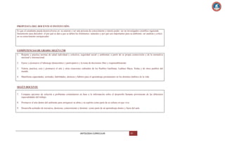 PROPUESTA DEL DOCENTE O INSTITUCIÓN:
Es que el estudiante pueda desenvolverse en su entorno y ser una persona de conocimiento e interés poder ser un investigador científico siguiendo
lineamiento para descubrir el por qué se dan a que se deben los fenómenos naturales y por qué son importantes para su ambiente, ser analista y crítico
en su conocimiento enriquecedor

COMPETENCIAS DE GRADO: SEGÚN CNB
1.

Respeta y practica normas de salud individual y colectiva, seguridad social y ambiental, a partir de su propia cosmovisión y de la normativa
nacional e internacional.

2.

Ejerce y promueve el liderazgo democrático y participativo y la toma de decisiones libre y responsablemente.

3.

Valora, practica, crea y promueve el arte y otras creaciones culturales de los Pueblos Garífunas, Ladinos Maya, Xinka y de otros pueblos del
mundo.

4.

Manifiesta capacidades, actitudes, habilidades, destreza y hábitos para el aprendizaje permanentes en los distintos ámbitos de la vida.

SEGÚN DOCENTE
7.

Compara opciones de solución a problemas comunitarios en base a la información sobre el desarrollo humano proveniente de las diferentes
especialidades del trabajo.

8.

Promueve el arte dentro del ambiente para enriquecer su alma y su espíritu como parte de su cultura en que vive.

9.

Desarrolla actitudes de iniciativa, destrezas, conocimiento y dominio como parte de un aprendizaje dentro y fuera del aula

ANTOLOGIA CURRICULAR

97

 
