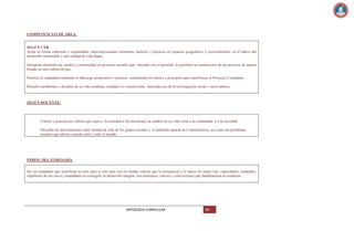 COMPETENCIAS DE ÁREA:

SEGÚN CNB
Actúa en forma coherente y responsable, interrelacionando elementos, factores y procesos en espacios geográficos y socioculturales, en el marco del
desarrollo sustentable y una calidad de vida digna.
Interpreta elementos de cambio y continuidad en procesos sociales que, vinculan con el presente, le permiten la construcción de un proyecto de nación
basado en una cultura de paz.
Practica la ciudadanía mediante el liderazgo propositivo y practico, sustentando en valores y principios que contribuyen al Proyecto Ciudadano.
Resuelve problemas y desafíos de su vida cotidiana, realidad y/o cosmovisión, haciendo uso de la investigación social y otros saberes.

SEGÚN DOCENTE:

Conoce y practica los valores que rigen a la sociedad a fin manifestar un cambio en su vida como a la comunidad o a la sociedad.
Describe las interrelaciones entre formas de vida de los grupos sociales y el ambiente natural en Centroamérica, así como los problemas
actuales que afecta a nuestro país y todo el mundo.

PERFIL DEL EGRESADO:
Ser un ciudadano que manifieste no solo para sí sino para con los demás valores que lo enriquecen y lo hacen ser mejor con capacidades ciudadano,
orgullosos de sus raíces, empeñados en conseguir su desarrollo integral, con principios, valores y convicciones que fundamentan su conducta.

ANTOLOGIA CURRICULAR

98

 