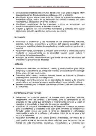 María Teresa Villa Tafoya. Carrera Magisterial XXIII Etapa. Segunda vertiente
19
Conozcan las características comunes de los seres vivos y las usen para inferir
algunas relaciones de adaptación que establecen con el ambiente.
Identifiquen algunas interacciones entre los objetos del entorno asociadas a los
fenómenos físicos, con el fin de relacionar sus causas y efectos, así como
reconocer sus aplicaciones en la vida cotidiana.
Identifiquen propiedades de los materiales y cómo se aprovechan sus
transformaciones en diversas actividades humanas.
Integren y apliquen sus conocimientos, habilidades y actitudes para buscar
opciones de solución a problemas comunes de su entorno.
GEOGRAFÍA
Reconocer la distribución y las relaciones de los componentes naturales,
sociales, culturales, económicos y políticos del espacio geográfico para
caracterizar sus diferencias en las escalas local, estatal, nacional, continental y
mundial.
Adquirir conceptos, habilidades y actitudes para construir la identidad nacional
mediante el reconocimiento de la diversidad natural, social, cultural y
económica del espacio geográfico.
Participar de manera informada en el lugar donde se vive para el cuidado del
ambiente y la prevención de desastres
HISTORIA
Establezcan relaciones de secuencia, cambio y multicausalidad para ubicar
temporal y espacialmente los principales hechos y procesos históricos del lugar
donde viven, del país y del mundo.
Consulten, seleccionen y analicen diversas fuentes de información histórica
para responder preguntas sobre el pasado.
Identifiquen elementos comunes de las sociedades del pasado y del presente
para fortalecer su identidad y conocer y cuidar el patrimonio natural y cultural.
Realicen acciones para favorecer una convivencia democrática en la escuela y
su comunidad.
FORMACIÓN CÍVICA Y ÉTICA
Desarrollen su potencial personal de manera sana, placentera, afectiva,
responsable, libre de violencia y adicciones, para la construcción de un
proyecto de vida viable que contemple el mejoramiento personal y social, el
respeto a la diversidad y el desarrollo de entornos saludables.
Conozcan los principios fundamentales de los derechos humanos, los valores
para la democracia y el respeto a las leyes para favorecer su capacidad de
formular juicios éticos, así como la toma de decisiones y participación
responsable a partir de la reflexión y el análisis crítico de su persona, y del
mundo en que viven.
Adquieran elementos de una cultura política democrática, por medio de la
participación activa en asuntos de interés colectivo, para la construcción de
formas de vida incluyentes, equitativas, interculturales y solidarias que
 