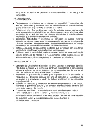 María Teresa Villa Tafoya. Carrera Magisterial XXIII Etapa. Segunda vertiente
20
enriquezcan su sentido de pertenencia a su comunidad, a su país y a la
humanidad.
EDUCACIÓN FÍSICA
Desarrollen el conocimiento de sí mismos, su capacidad comunicativa, de
relación, habilidades y destrezas motrices mediante diversas manifestaciones
que favorezcan su corporeidad y el sentido cooperativo.
Reflexionen sobre los cambios que implica la actividad motriz, incorporando
nuevos conocimientos y habilidades, de tal manera que puedan adaptarse a las
demandas de su entorno ante las diversas situaciones y manifestaciones
imprevistas que ocurren en el quehacer cotidiano.
Desarrollen habilidades y destrezas al participar en juegos motores
proponiendo normas, reglas y nuevas formas para la convivencia en el juego, la
iniciación deportiva y el deporte escolar, destacando la importancia del trabajo
colaborativo, así como el reconocimiento a la interculturalidad.
Reflexionen acerca de las acciones cotidianas que se vinculan con su entorno
sociocultural y contribuyen a sus relaciones sociomotrices.
Cuiden su salud a partir de la toma informada de decisiones sobre medidas de
higiene, el fomento de hábitos y el reconocimiento de los posibles riesgos al
realizar acciones motrices para prevenir accidentes en su vida diaria.
EDUCACIÓN ARTÍSTICA
Obtengan los fundamentos básicos de las artes visuales, la expresión corporal
y la danza, la música y el teatro para continuar desarrollando la competencia
artística y cultural, así como favorecer las competencias para la vida en el
marco de la formación integral en Educación Básica.
Desarrollen el pensamiento artístico para expresar ideas y emociones, e
interpreten los diferentes códigos del arte al estimular la sensibilidad, la
percepción y la creatividad a partir del trabajo académico en los diferentes
lenguajes artísticos.
Edifiquen su identidad y fortalezcan su sentido de pertenencia a un grupo,
valorando el patrimonio cultural y las diversas manifestaciones artísticas del
entorno, de su país y del mundo.
Comuniquen sus ideas y pensamientos mediante creaciones personales a
partir de producciones bidimensionales y tridimensionales, de la
experimentación de sus posibilidades de movimiento corporal, de la exploración
del fenómeno sonoro y de la participación en juegos teatrales e
Improvisaciones dramáticas
 