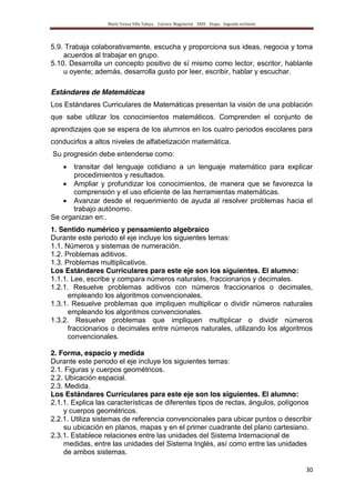 María Teresa Villa Tafoya. Carrera Magisterial XXIII Etapa. Segunda vertiente
30
5.9. Trabaja colaborativamente, escucha y proporciona sus ideas, negocia y toma
acuerdos al trabajar en grupo.
5.10. Desarrolla un concepto positivo de sí mismo como lector, escritor, hablante
u oyente; además, desarrolla gusto por leer, escribir, hablar y escuchar.
Estándares de Matemáticas
Los Estándares Curriculares de Matemáticas presentan la visión de una población
que sabe utilizar los conocimientos matemáticos. Comprenden el conjunto de
aprendizajes que se espera de los alumnos en los cuatro periodos escolares para
conducirlos a altos niveles de alfabetización matemática.
Su progresión debe entenderse como:
transitar del lenguaje cotidiano a un lenguaje matemático para explicar
procedimientos y resultados.
Ampliar y profundizar los conocimientos, de manera que se favorezca la
comprensión y el uso eficiente de las herramientas matemáticas.
Avanzar desde el requerimiento de ayuda al resolver problemas hacia el
trabajo autónomo.
Se organizan en:.
1. Sentido numérico y pensamiento algebraico
Durante este periodo el eje incluye los siguientes temas:
1.1. Números y sistemas de numeración.
1.2. Problemas aditivos.
1.3. Problemas multiplicativos.
Los Estándares Curriculares para este eje son los siguientes. El alumno:
1.1.1. Lee, escribe y compara números naturales, fraccionarios y decimales.
1.2.1. Resuelve problemas aditivos con números fraccionarios o decimales,
empleando los algoritmos convencionales.
1.3.1. Resuelve problemas que impliquen multiplicar o dividir números naturales
empleando los algoritmos convencionales.
1.3.2. Resuelve problemas que impliquen multiplicar o dividir números
fraccionarios o decimales entre números naturales, utilizando los algoritmos
convencionales.
2. Forma, espacio y medida
Durante este periodo el eje incluye los siguientes temas:
2.1. Figuras y cuerpos geométricos.
2.2. Ubicación espacial.
2.3. Medida.
Los Estándares Curriculares para este eje son los siguientes. El alumno:
2.1.1. Explica las características de diferentes tipos de rectas, ángulos, polígonos
y cuerpos geométricos.
2.2.1. Utiliza sistemas de referencia convencionales para ubicar puntos o describir
su ubicación en planos, mapas y en el primer cuadrante del plano cartesiano.
2.3.1. Establece relaciones entre las unidades del Sistema Internacional de
medidas, entre las unidades del Sistema Inglés, así como entre las unidades
de ambos sistemas.
 