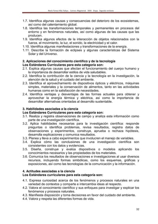 María Teresa Villa Tafoya. Carrera Magisterial XXIII Etapa. Segunda vertiente
32
1.7. Identifica algunas causas y consecuencias del deterioro de los ecosistemas,
así como del calentamiento global.
1.8. Identifica las transformaciones temporales y permanentes en procesos del
entorno y en fenómenos naturales, así como algunas de las causas que las
producen.
1.9. Identifica algunos efectos de la interacción de objetos relacionados con la
fuerza, el movimiento, la luz, el sonido, la electricidad y el calor.
1.10. Identifica algunas manifestaciones y transformaciones de la energía.
1.11. Describe la formación de eclipses y algunas características del Sistema
Solar y del Universo.
2. Aplicaciones del conocimiento científico y de la tecnología
Los Estándares Curriculares para esta categoría son:
2.1. Explica algunas causas que afectan el funcionamiento del cuerpo humano y
la importancia de desarrollar estilos de vida saludables.
2.2. Identifica la contribución de la ciencia y la tecnología en la investigación, la
atención de la salud y el cuidado del ambiente.
2.3. Identifica el aprovechamiento de dispositivos ópticos y eléctricos, máquinas
simples, materiales y la conservación de alimentos, tanto en las actividades
humanas como en la satisfacción de necesidades.
2.4. Identifica ventajas y desventajas de las formas actuales para obtener y
aprovechar la energía térmica y eléctrica, así como la importancia de
desarrollar alternativas orientadas al desarrollo sustentable.
3. Habilidades asociadas a la ciencia
Los Estándares Curriculares para esta categoría son:
3.1. Realiza y registra observaciones de campo y analiza esta información como
parte de una investigación científica.
3.2. Aplica habilidades necesarias para la investigación científica: responde
preguntas o identifica problemas, revisa resultados, registra datos de
observaciones y experimentos, construye, aprueba o rechaza hipótesis,
desarrolla explicaciones y comunica resultados.
3.3. Planea y lleva a cabo experimentos que involucren el manejo de variables.
3.4. Explica cómo las conclusiones de una investigación científica son
consistentes con los datos y evidencias.
3.5. Diseña, construye y evalúa dispositivos o modelos aplicando los
conocimientos necesarios y las propiedades de los materiales.
3.6. Comunica los resultados de observaciones e investigaciones al usar diversos
recursos, incluyendo formas simbólicas, como los esquemas, gráficas y
exposiciones, así como las tecnologías de la comunicación y la información.
4. Actitudes asociadas a la ciencia
Los Estándares curriculares para esta categoría son:
4.1. Expresa curiosidad acerca de los fenómenos y procesos naturales en una
variedad de contextos y comparte e intercambia ideas al respecto.
4.2. Valora el conocimiento científico y sus enfoques para investigar y explicar los
fenómenos y procesos naturales.
4.3. Manifiesta disposición y toma decisiones en favor del cuidado del ambiente.
4.4. Valora y respeta las diferentes formas de vida.
 