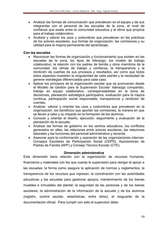 María Teresa Villa Tafoya. Carrera Magisterial XXIII Etapa. Segunda vertiente
59
Analizar las formas de comunicación que prevalecen en el equipo y de sus
integrantes con el personal de las escuelas de la zona, el nivel de
confianza que existe entre la comunidad educativa y el clima que propicia
para el trabajo colaborativo.
Analizar y valorar los usos y costumbres que prevalecen en las prácticas
de los actores escolares, sus formas de organización, las comisiones y su
utilidad para la mejora permanente del aprendizaje.
Con las escuelas
Reconocer las formas de organización y funcionamiento que existen en las
escuelas de la zona, los tipos de liderazgo, los niveles de trabajo
colaborativo, la relación con los padres de familia y otros miembros de la
comunidad, los climas de trabajo y confianza, la transparencia y la
rendición de cuentas de sus procesos y resultados, así como que todos
estos aspectos muestren la singularidad de cada plantel y la necesidad de
generar estrategias diferenciadas para cada caso.
Aplicar los principios de la organización escolar que se promueven desde
el Modelo de Gestión para la Supervisión Escolar: liderazgo compartido,
trabajo en equipo colaborativo, corresponsabilidad en la toma de
decisiones, planeación estratégica participativa, evaluación para la mejora
continua, participación social responsable, transparencia y rendición de
cuentas.
Analizar, valorar y orientar los usos y costumbres que prevalecen en la
organización, los beneficios que aportan las comisiones, la manera en que
se llevan a cabo y su impacto en la formación de los alumnos.
Conocer y orientar el diseño, ejecución, seguimiento y evaluación de la
planeación de la escuela.
Analizar las formas de gobierno en los centros educativos, los conflictos
generados en ellas, las relaciones entre actores escolares, las relaciones
laborales y las funciones del personal administrativo y docente.
Asesorar para la conformación y operación de las organizaciones internas:
Consejos Escolares de Participación Social (CEPS), Asociaciones de
Padres de Familia (APF) y Consejo Técnico Escolar (CTE).
Dimensión administrativa
Esta dimensión tiene relación con la organización de recursos humanos,
financieros y materiales con los que cuenta la supervisión para otorgar el apoyo a
las escuelas; la forma como asegura la aplicación de normas y reglamentos; la
transparencia de los recursos que ingresan; la coordinación con las autoridades
educativas y las escuelas para gestionar apoyos; mantenimiento de los bienes
muebles e inmuebles del plantel; la seguridad de las personas y de los bienes
escolares; la administración de la información de la escuela y de los alumnos
(registro, control escolar, estadísticas, entre otros); el resguardo de la
documentación oficial. Para cumplir con esto el supervisor debe:
 