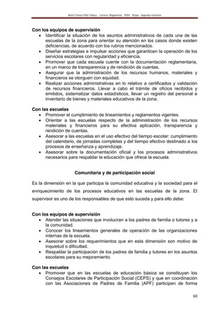 María Teresa Villa Tafoya. Carrera Magisterial XXIII Etapa. Segunda vertiente
60
Con los equipos de supervisión
Identificar la situación de los asuntos administrativos de cada una de las
escuelas de la zona para orientar su atención en los casos donde existen
deficiencias, de acuerdo con los rubros mencionados.
Diseñar estrategias e impulsar acciones que garanticen la operación de los
servicios escolares con regularidad y eficiencia.
Promover que cada escuela cuente con la documentación reglamentaria,
en un marco de transparencia y de rendición de cuentas.
Asegurar que la administración de los recursos humanos, materiales y
financieros se otorguen con equidad.
Realizar acciones administrativas en lo relativo a certificados y validación
de recursos financieros. Llevar a cabo el trámite de oficios recibidos y
emitidos, sistematizar datos estadísticos, llevar un registro del personal e
inventario de bienes y materiales educativos de la zona.
Con las escuelas
Promover el cumplimiento de lineamientos y reglamentos vigentes.
Orientar a las escuelas respecto de la administración de los recursos
materiales y financieros para su efectiva aplicación, transparencia y
rendición de cuentas.
Asesorar a las escuelas en el uso efectivo del tiempo escolar: cumplimiento
del calendario, de jornadas completas y del tiempo efectivo destinado a los
procesos de enseñanza y aprendizaje.
Asesorar sobre la documentación oficial y los procesos administrativos
necesarios para respaldar la educación que ofrece la escuela.
Comunitaria y de participación social
Es la dimensión en la que participa la comunidad educativa y la sociedad para el
enriquecimiento de los procesos educativos en las escuelas de la zona. El
supervisor es uno de los responsables de que esto suceda y para ello debe:
Con los equipos de supervisión
Atender las situaciones que involucran a los padres de familia o tutores y a
la comunidad.
Conocer los lineamientos generales de operación de las organizaciones
internas de la escuela.
Asesorar sobre los requerimientos que en esta dimensión son motivo de
inquietud o dificultad.
Respaldar la participación de los padres de familia y tutores en los asuntos
escolares para su mejoramiento.
Con las escuelas
Promover que en las escuelas de educación básica se constituyan los
Consejos Escolares de Participación Social (CEPS) y que en coordinación
con las Asociaciones de Padres de Familia (APF) participen de forma
 