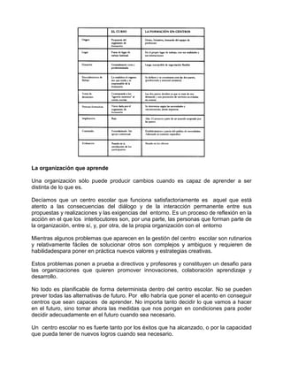 La organización que aprende

Una organización sólo puede producir cambios cuando es capaz de aprender a ser
distinta de lo que es.

Decíamos que un centro escolar que funciona satisfactoriamente es aquel que está
atento a las consecuencias del diálogo y de la interacción permanente entre sus
propuestas y realizaciones y las exigencias del entorno. Es un proceso de reflexión en la
acción en el que los interlocutores son, por una parte, las personas que forman parte de
la organización, entre sí, y, por otra, de la propia organización con el entorno

Mientras algunos problemas que aparecen en la gestión del centro escolar son rutinarios
y relativamente fáciles de solucionar otros son complejos y ambiguos y requieren de
habilidadespara poner en práctica nuevos valores y estrategias creativas.

Estos problemas ponen a prueba a directivos y profesores y constituyen un desafio para
las organizaciones que quieren promover innovaciones, colaboración aprendizaje y
desarrollo.

No todo es planificable de forma determinista dentro del centro escolar. No se pueden
prever todas las alternativas de futuro. Por ello habría que poner el acento en conseguir
centros que sean capaces de aprender. No importa tanto decidir lo que vamos a hacer
en el futuro, sino tomar ahora las medidas que nos pongan en condiciones para poder
decidir adecuadamente en el futuro cuando sea necesario.

Un centro escolar no es fuerte tanto por los éxitos que ha alcanzado, o por la capacidad
que pueda tener de nuevos logros cuando sea necesario.
 