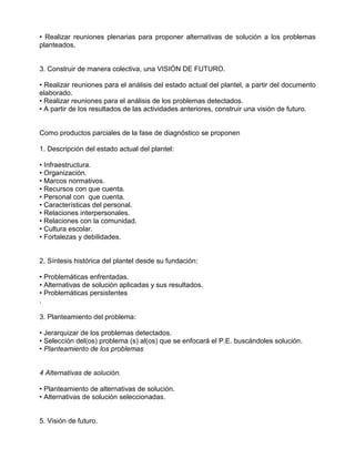 • Realizar reuniones plenarias para proponer alternativas de solución a los problemas
planteados.


3. Construir de manera colectiva, una VISIÓN DE FUTURO.

• Realizar reuniones para el análisis del estado actual del plantel, a partir del documento
elaborado.
• Realizar reuniones para el análisis de los problemas detectados.
• A partir de los resultados de las actividades anteriores, construir una visión de futuro.


Como productos parciales de la fase de diagnóstico se proponen

1. Descripción del estado actual del plantel:

• Infraestructura.
• Organización.
• Marcos normativos.
• Recursos con que cuenta.
• Personal con que cuenta.
• Características del personal.
• Relaciones interpersonales.
• Relaciones con la comunidad.
• Cultura escolar.
• Fortalezas y debilidades.


2. Síntesis histórica del plantel desde su fundación:

• Problemáticas enfrentadas.
• Alternativas de solución aplicadas y sus resultados.
• Problemáticas persistentes
.

3. Planteamiento del problema:

• Jerarquizar de los problemas detectados.
• Selección del(os) problema (s) al(os) que se enfocará el P.E. buscándoles solución.
• Planteamiento de los problemas


4 Alternativas de solución.

• Planteamiento de alternativas de solución.
• Alternativas de solución seleccionadas.


5. Visión de futuro.
 