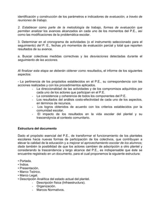identificación y construcción de los parámetros e indicadores de evaluación, a través de
reuniones de trabajo.

2. Establecer como parte de la metodología de trabajo, formas de evaluación que
permitan analizar los avances alcanzados en cada uno de los momentos del P.E., así
como las modificaciones de la problemática escolar.

3. Determinar en el cronograma de actividades (o el instrumento seleccionado para el
seguimiento) del P. E., fechas y/o momentos de evaluación parcial y total que reporten
resultados de su avance.

a. Buscar colectivas medidas correctivas y las desviaciones detectadas durante el
seguimiento de las acciones.


Al finalizar esta etapa se deberán obtener como resultados, el informe de los siguientes
aspectos:

- La pertinencia de los propósitos establecidos en el P.E., su correspondencia con las
acciones realizadas y con los procedimientos aplicados.
          - La direccionalidad de las actividades y de los compromisos adquiridos por
             cada uno de los actores que participan en el P.E.
           - La consistencia y coherencia de todos los componentes del P.E.
           - Los resultados del análisis costo-efectividad de cada uno de los aspectos,
             en términos de recursos.
           - Los logros obtenidos de acuerdo con los criterios establecidos por la
             comunidad escolar.
           - El impacto de los resultados en la vida escolar del plantel y su
             trascendçncia al contexto comunitario.


Estructura del documento

Dado el propósito esencial del P.E., de transformar el funcionamiento de los planteles
escolares hacia nuevas formas de participación de los colectivos, que contribuyan a
elevar la calidad de la educación y a mejorar el aprovechamiento escolar de los alumnos;
dada también la posibilidad de que los actores cambien de adscripción a otro plantel y
considerando la trascendencia y largo alcance del P.E., es indispensable que éste se
encuentre registrado en un documento, para el cual proponemos la siguiente estructura:

• Portada.
• Índice.
• Presentación.
• Marco Teórico.
• Marco Legal.
• Descripción Analítica del estado actual del plantel.
           - Descripción física (Infraestructura).
           - Organización.
           - Marcos Normativos.
 