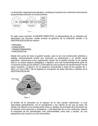 La dimensión organizacional-operativa, constituye el soporte de k anteriores dimensiones
proponiéndose articular su funcionamiento.




En este nuevo accionar, el EQUIPO DIRECTIVO, al desprenderse de su obsesión por
administrar los recursos, puede encarar el gobierno de la institución escolar o la
GESTIÓN ESCOLAR de manera:

• INTEGRAL
• CONSCIENTE
• TRANSFORMADORA
• PARTICIPATIVA

Desde otro punto de vista, la gestión escolar, para no ser una construcción arbitraria y
aislada, necesariamente tendrá que reconocer su pertenencia a un ámbito social
específico, reconocerse como organización social. Así la gestión escolar no se asienta
sólo en su propio espacio pedagógico y logístico, sino que fundamentalmente parte de
un dominio social que da sentido y contundencia como proyecto de transformación de los
seres humanos. La figura 3 es un esquema reconstruido a partir de los aportes de J.
Obin y E Cros (1991). Allí te explicita la vinculación de estos dominios o ámbitos de la
GESTION ESCOLAR:




El ámbito de lo educativo es el espacio de la vida escolar relacionado –y muy
descuidado generalmente- con la socialización y los valores en los que se basa. Se
refiere a la relación en la escuela entre niños o y adultos. Es el ámbito de la formación de
los diantes como personas y ciudadanos, y del desarrollo de su mo- autónoma. Supera
la búsqueda de los aprendizajes más instrumentales como leer y escribir, es una
perspectiva más social y a la vez más política.
 