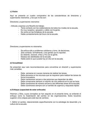 c) Visión

Aquí se presenta un cuadro comparativo de las características de directores y
supervisores visionarios, y los que no los son:

Directores y supervisores visionarios

- Articula y expresa una filosofía de trabajo.
            - Tiene contacto con los colaboradores de todos los niveles de la escuela.
            - Es muy receptivo, apoyador y cálido con la gente.
            - Se centra en las fortalezas de la escuela.
            - Habla constantemente del futuro de la escuela.




Directores y supervisores no visionarios

            -   Se enfoca sólo a problemas cotidianos y toma de decisiones.
            -   Sólo contacta, formalmente, a las gentes que lo reportan.
            -   Es distante, racional, crítico y frío con la gente.
            -   Destaca las debilidades de la escuela.
            -   Habla sobre lo que sucede hoy en día con la escuela.

d) Versatilidad.

Se presentan aquí seis recomendaciones para convertirse en directo5 y supervisores
más versátiles:

            -   Debe pensarse en nuevas maneras de realizar las tareas.
            -   Debe pensarse en los recursos que se requieren para realizar las tareas de
                forma innovadora.
            -   Debe mantenerse cercano a las personas que dependen de ellos.
            -   Debe conservarse siempre un espíritu de com petencia en lo que se hace.
            -   Debe coordinarse de manera cercana a las diferentes áreas de la escuela.
            -   Debe coordinarse siempre con un sentido de urgencia y respuesta rápida:

e) Enfoque (capacidad de estar enfocado)

Hickman y Silva, cuyos conceptos se han seguido en el presente tema, se entiende el
enfoque como la implantación del cambio en las organizaciones. Estos locutores
sugieren cinco etapas para este tipo de cambios:

1. Definir el cambio, relacionándolo específicamente con la estrategia de desarrollo y la
cultura de la escuela.
 
